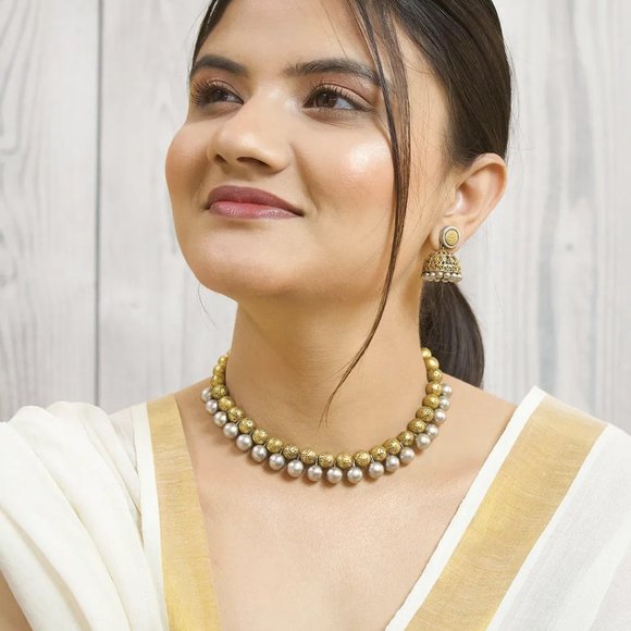 Jumkey Jewelry - Dual Toned Geometric Design Beads Terracotta & Clay Choker Necklace Set